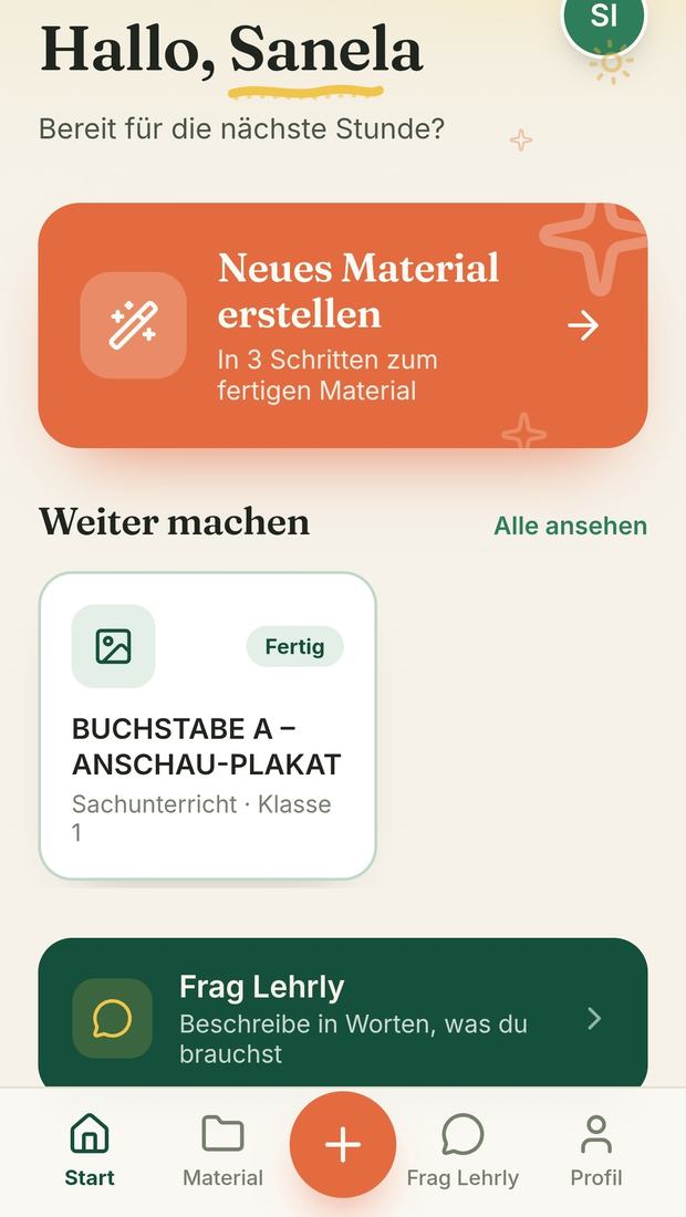 Startbildschirm der Lehrly-App mit den Bereichen Neues Material erstellen und Frag Lehrly