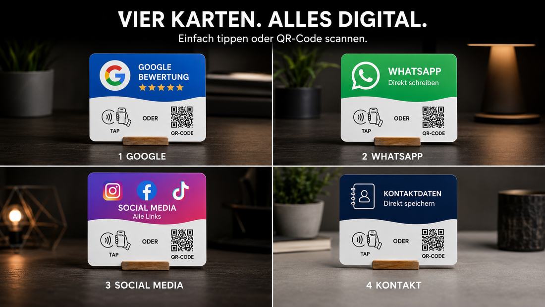 Vier NFC-Aufsteller für Google-Bewertung, WhatsApp, Social Media und Kontaktdaten, jeweils mit QR-Code